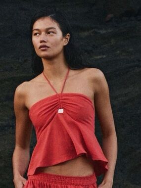 NWOT Free People Cotton Linen Halter Top – Red Ruched Summer Top – Size XS